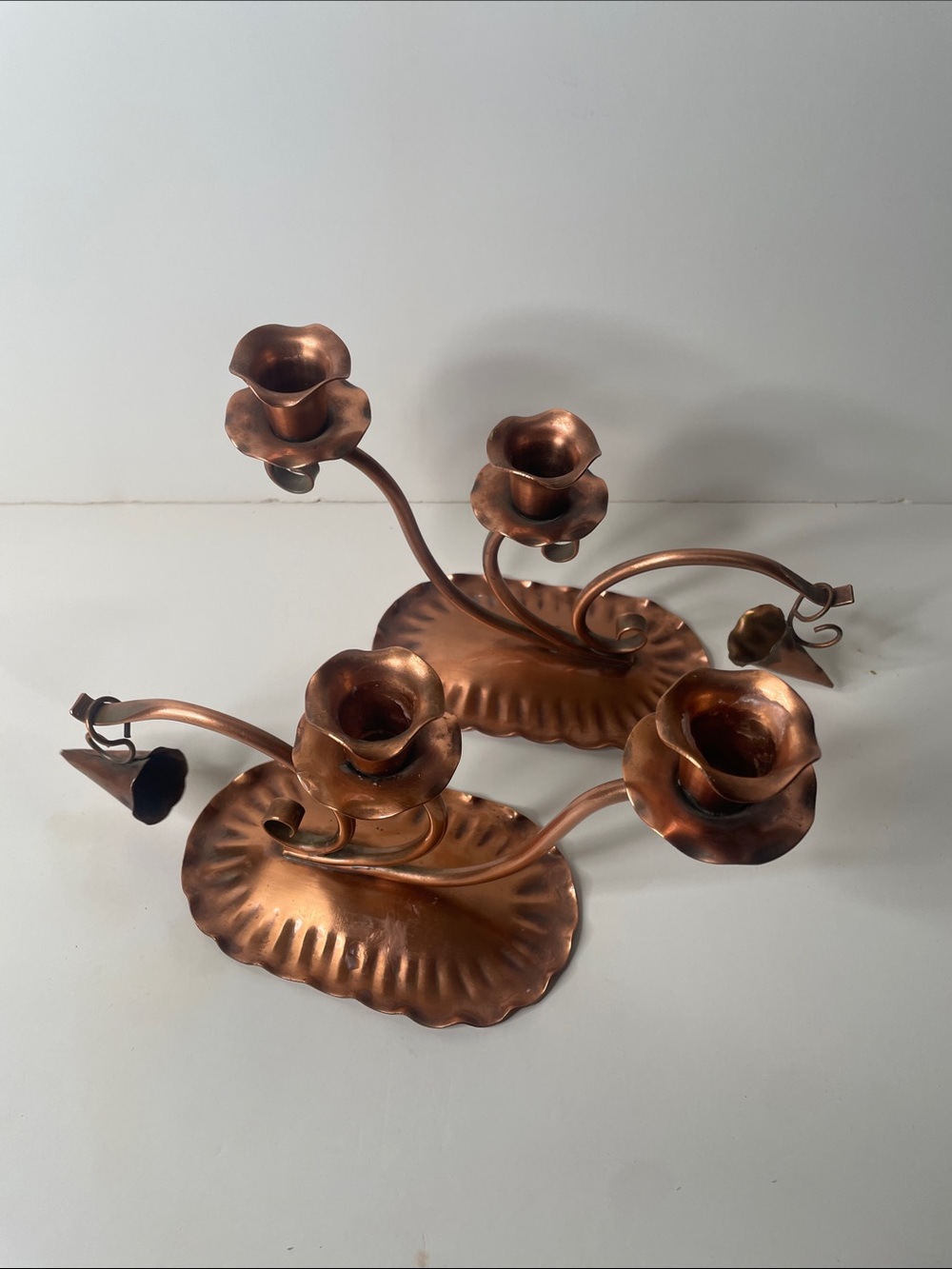 Vintage mid-century Gregorian copper candlesticks set with detachable snuffers